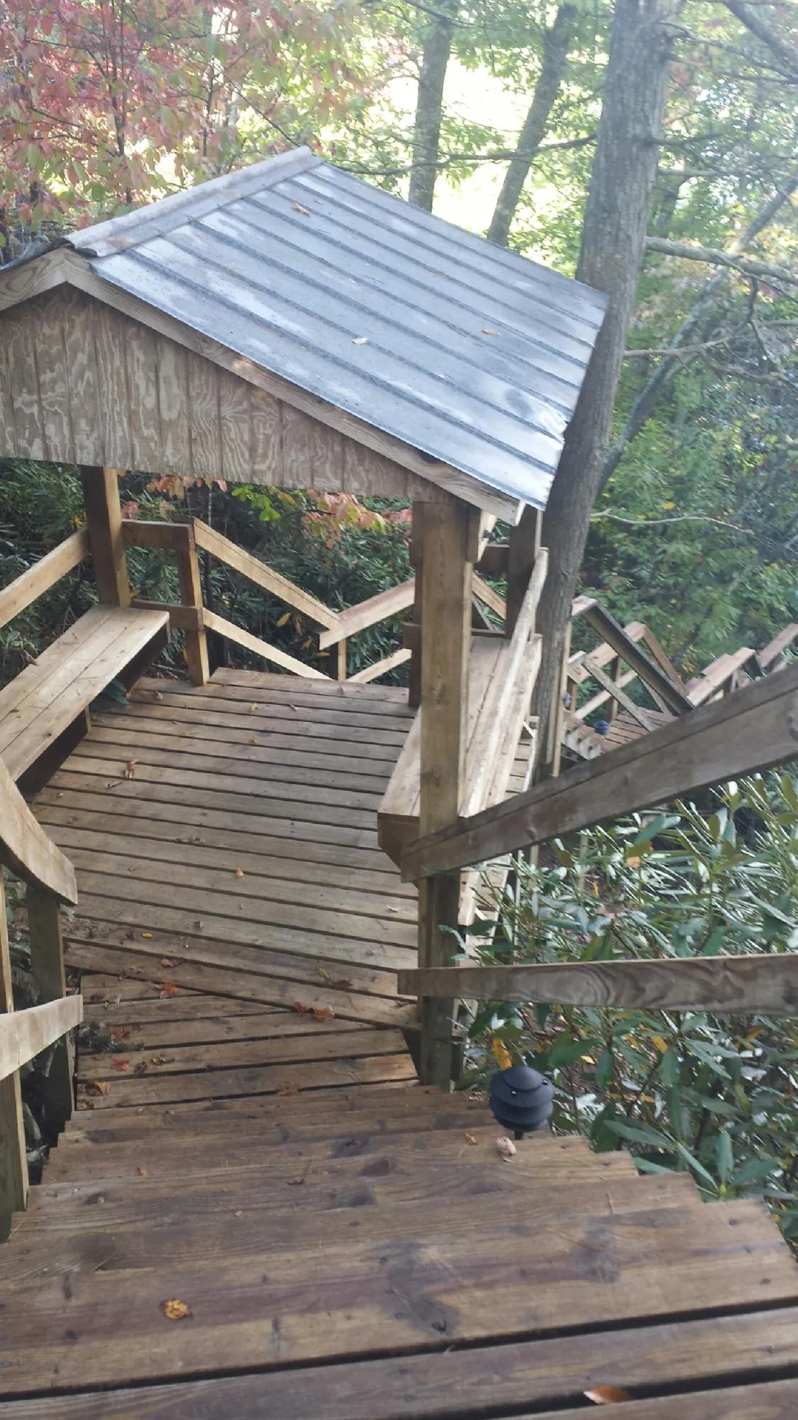 Metal roofed shelter over wooden steps on a wooded walkway — Skylight Repair & Installation work by our crew in Glenford